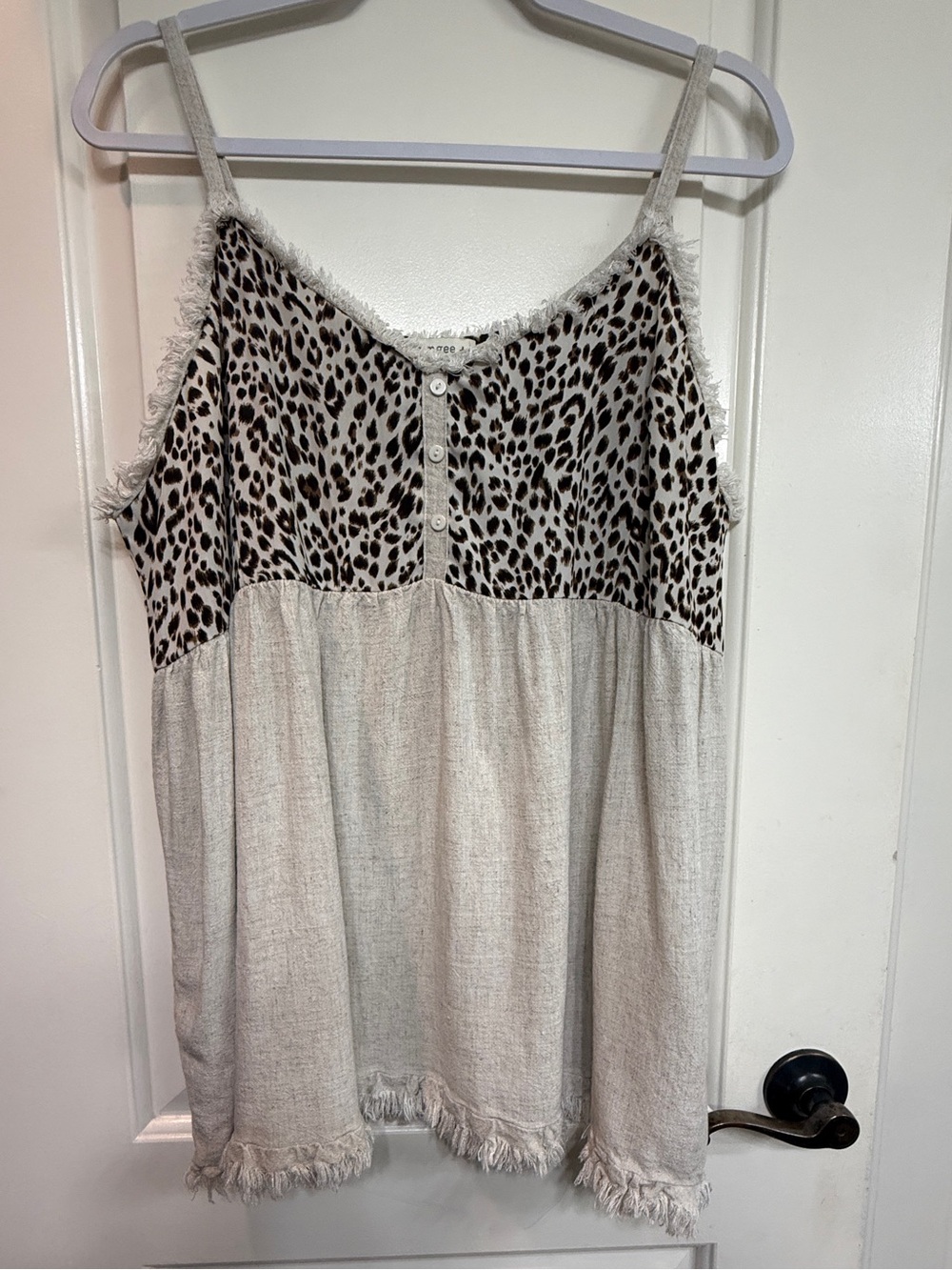 Umgee Cream Tank with Leopard Yoke and Fringe Trim